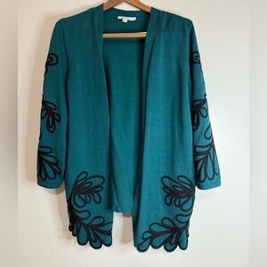 Chicos Green/Teal Open Front Cardigan with Black Embroidery size large (2)